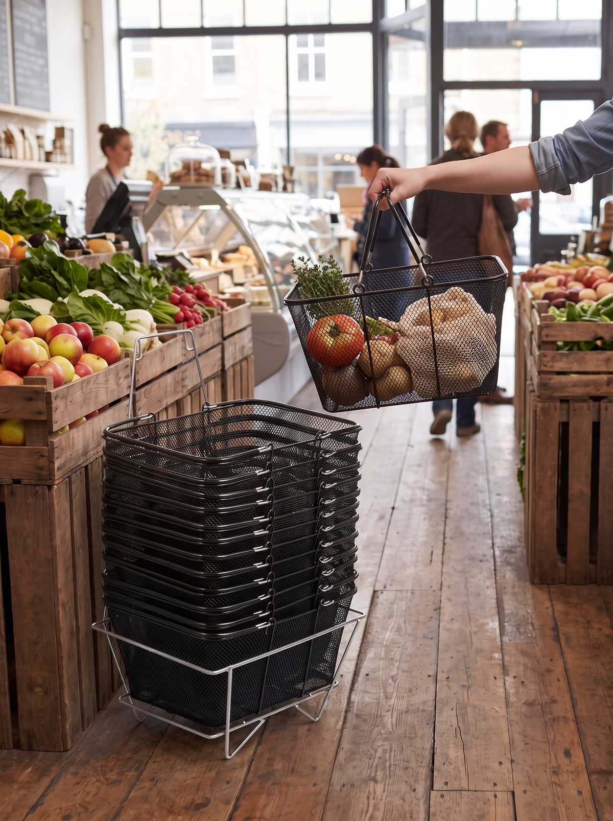 Shopping baskets stacked ready for customers