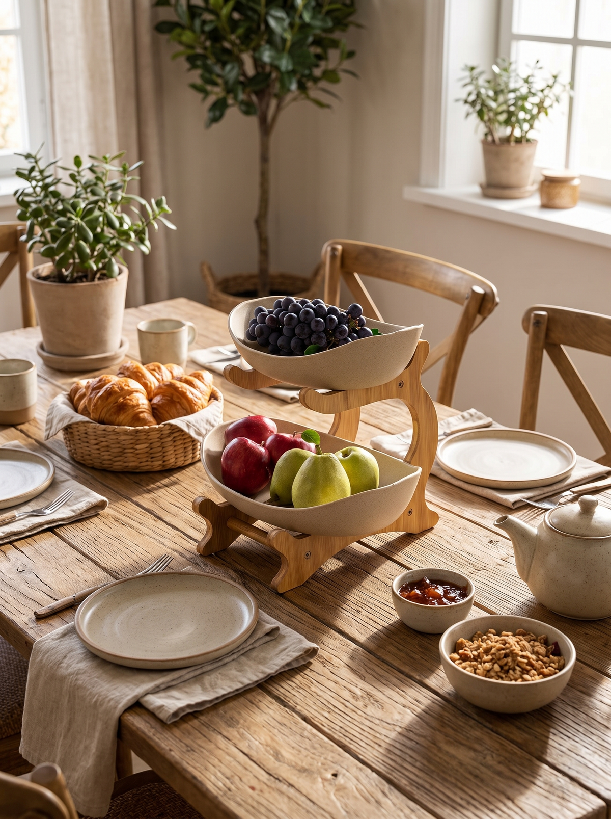 Tiered bowl stand on a laid table