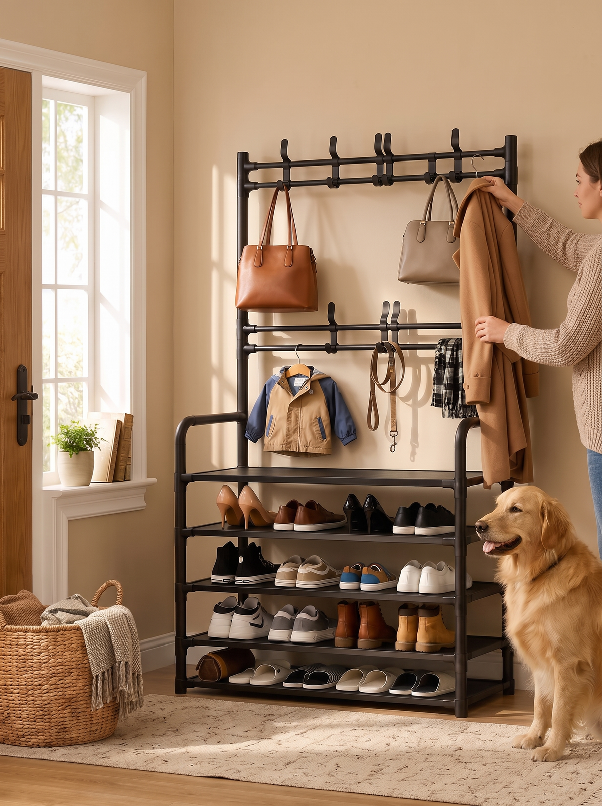 Entryway organizer holding coats and shoes