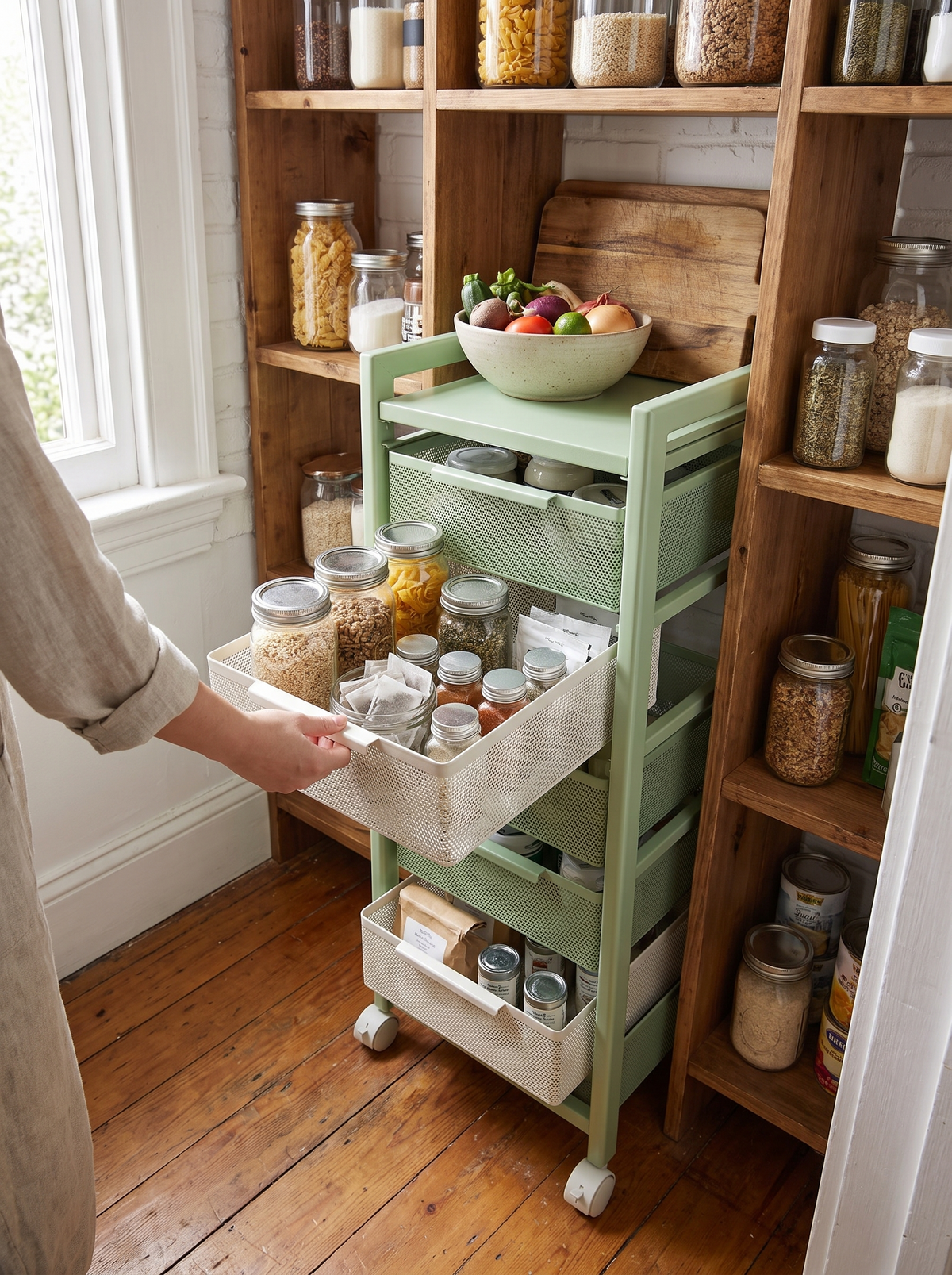 Trolley standing in a narrow pantry gap