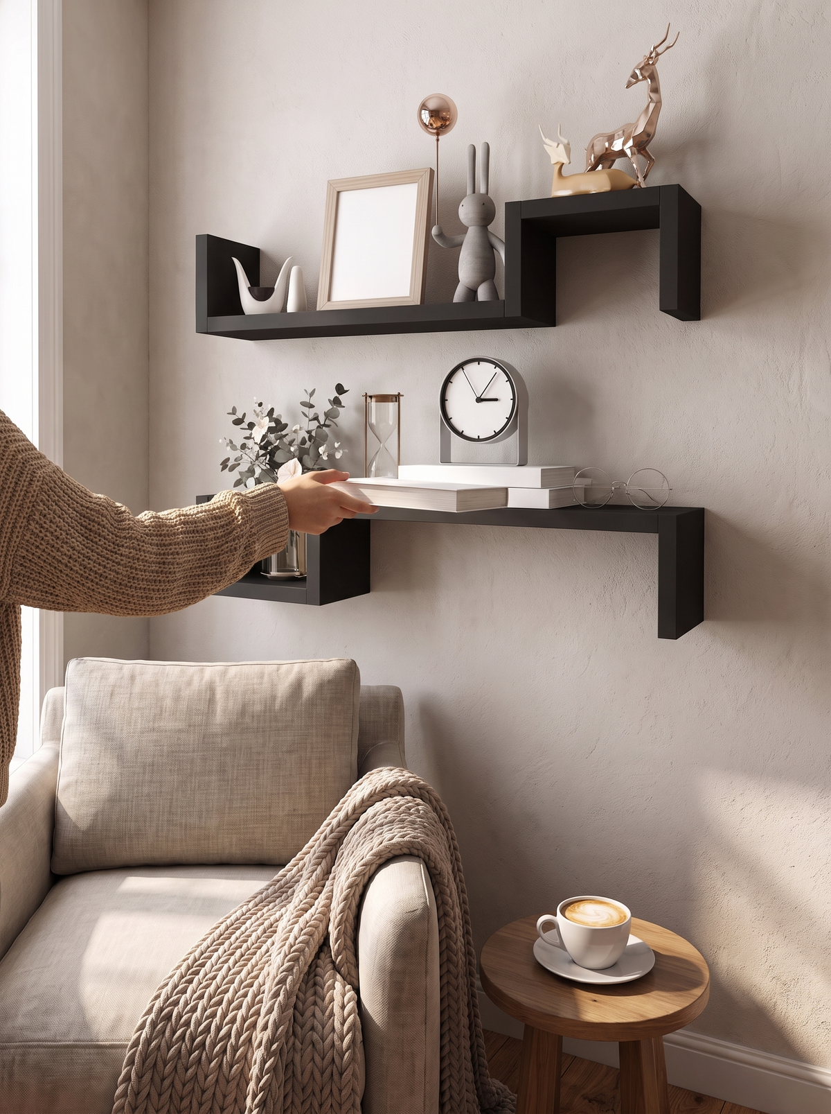 Two shelves arranged on one wall