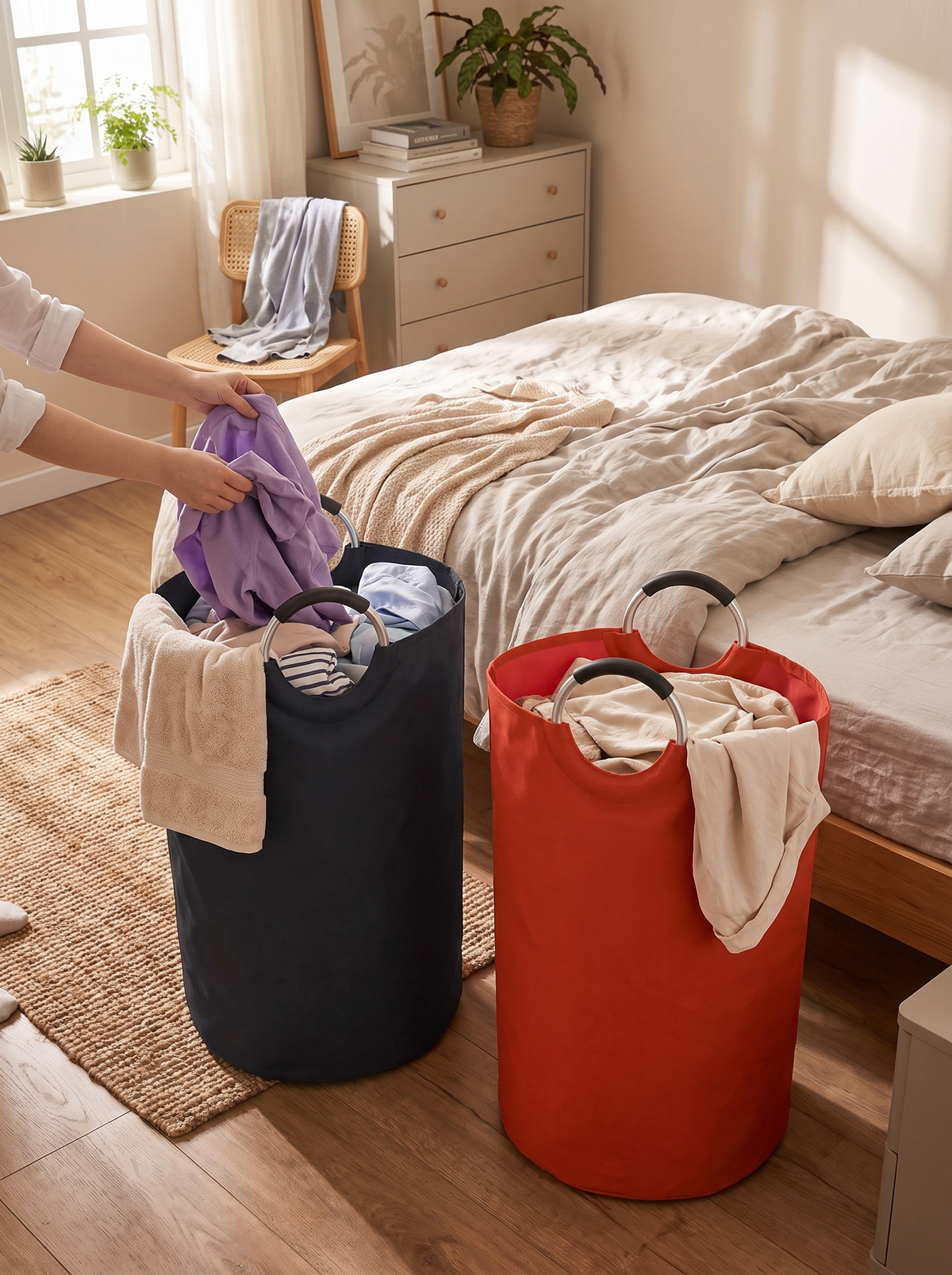 Two hampers used to sort laundry as it goes in