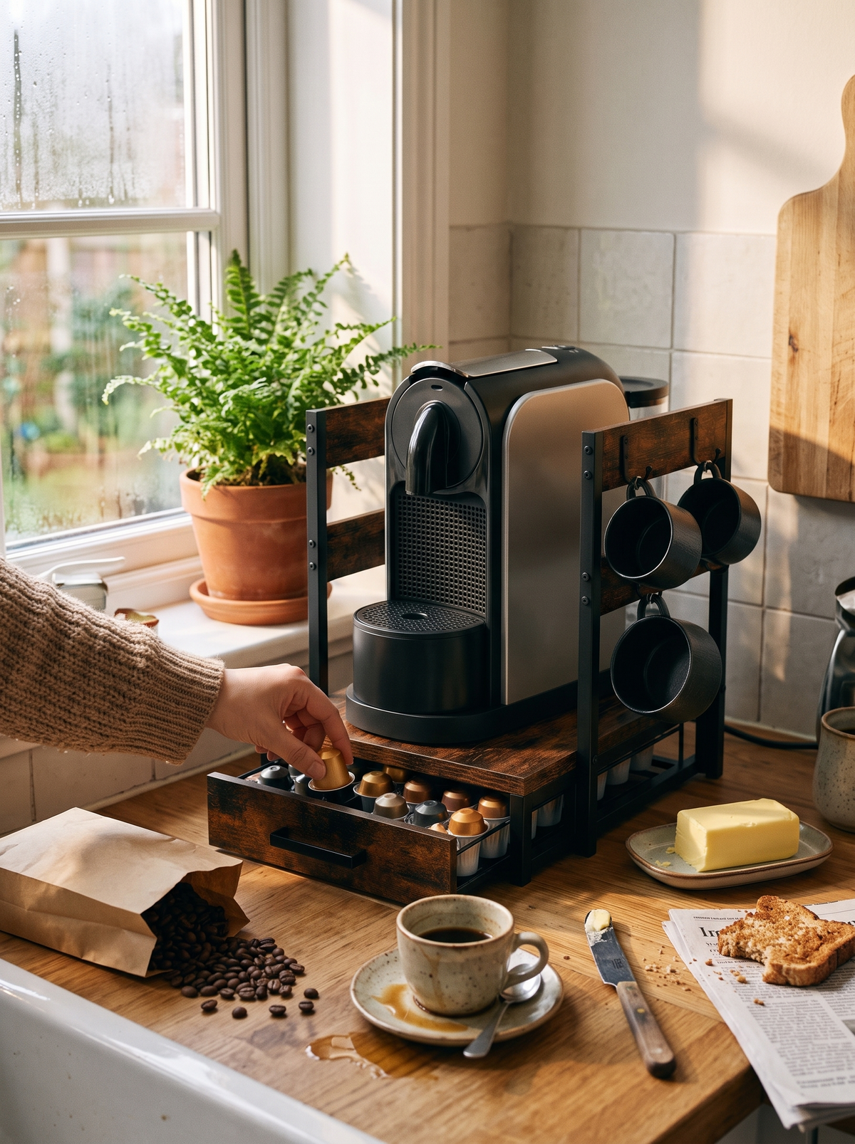 Coffee station holding machine, pods and mugs