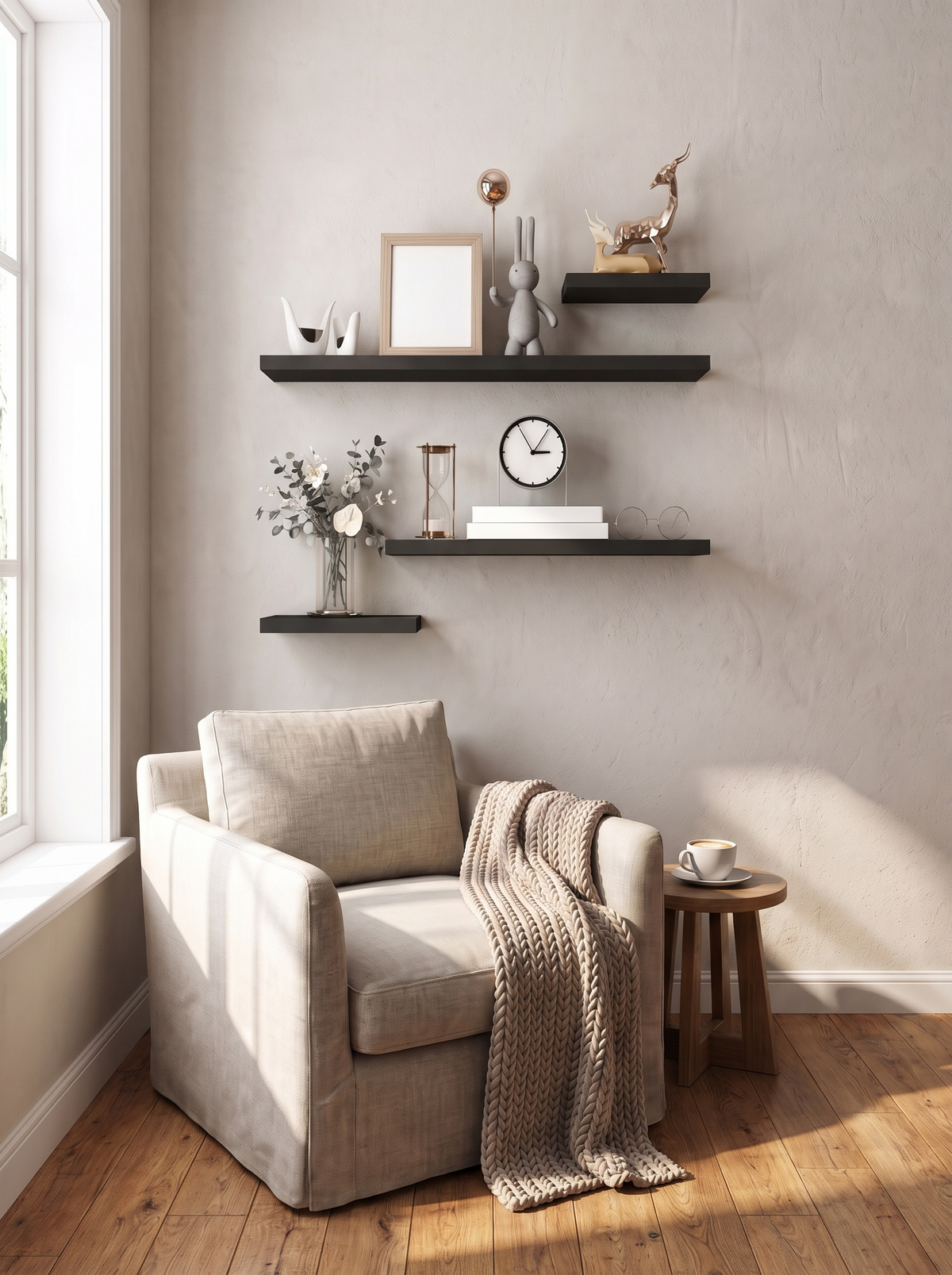 Floating shelves mounted with no visible brackets