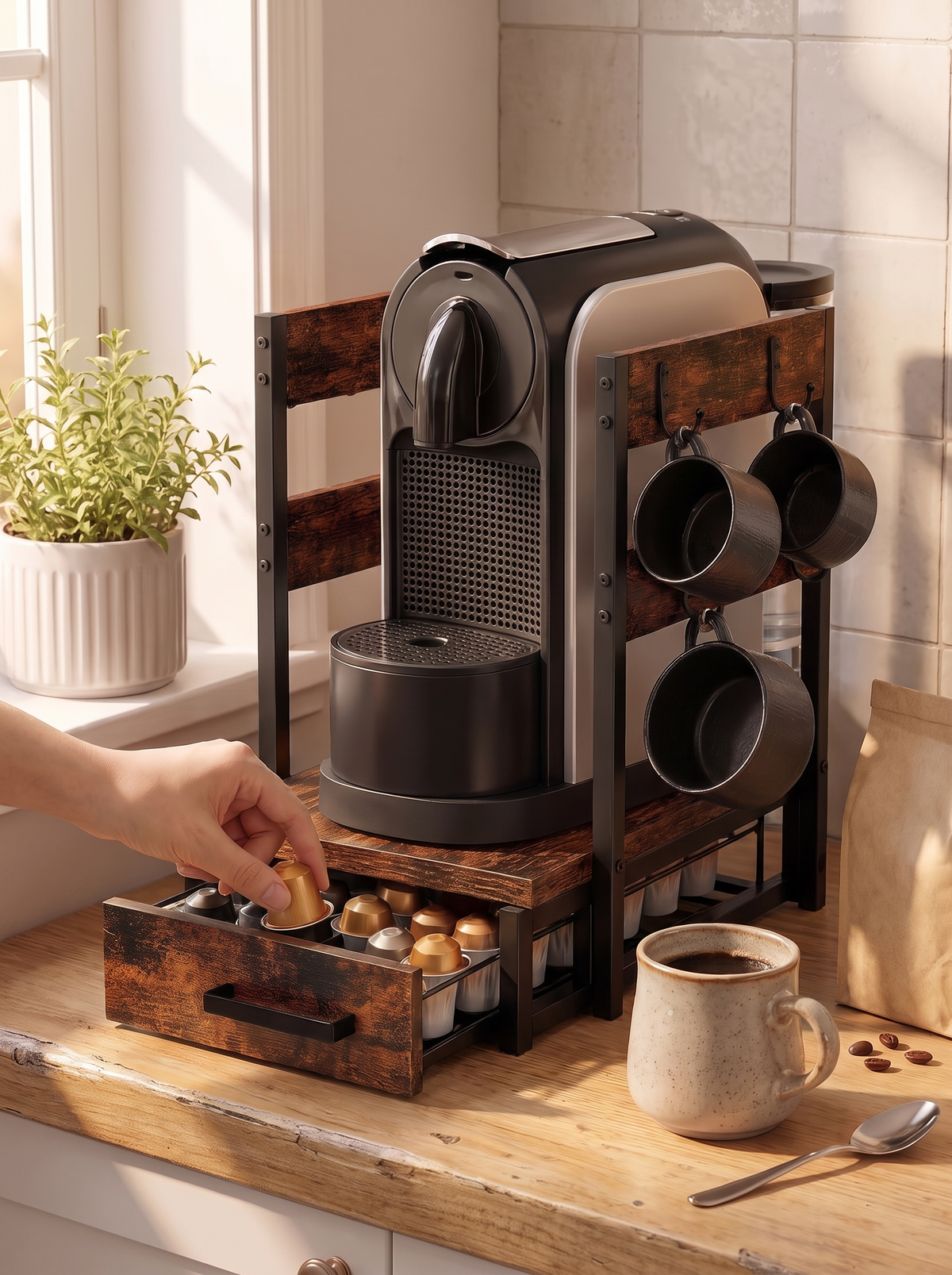 Pods in the drawer and cups on the hooks