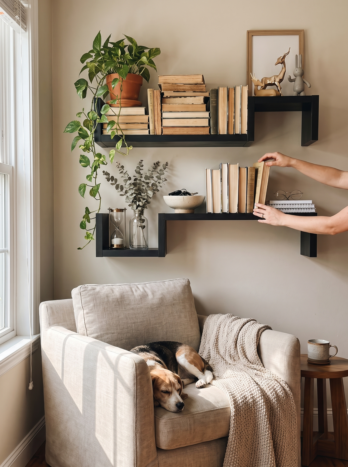 Shelves loaded with books and plants