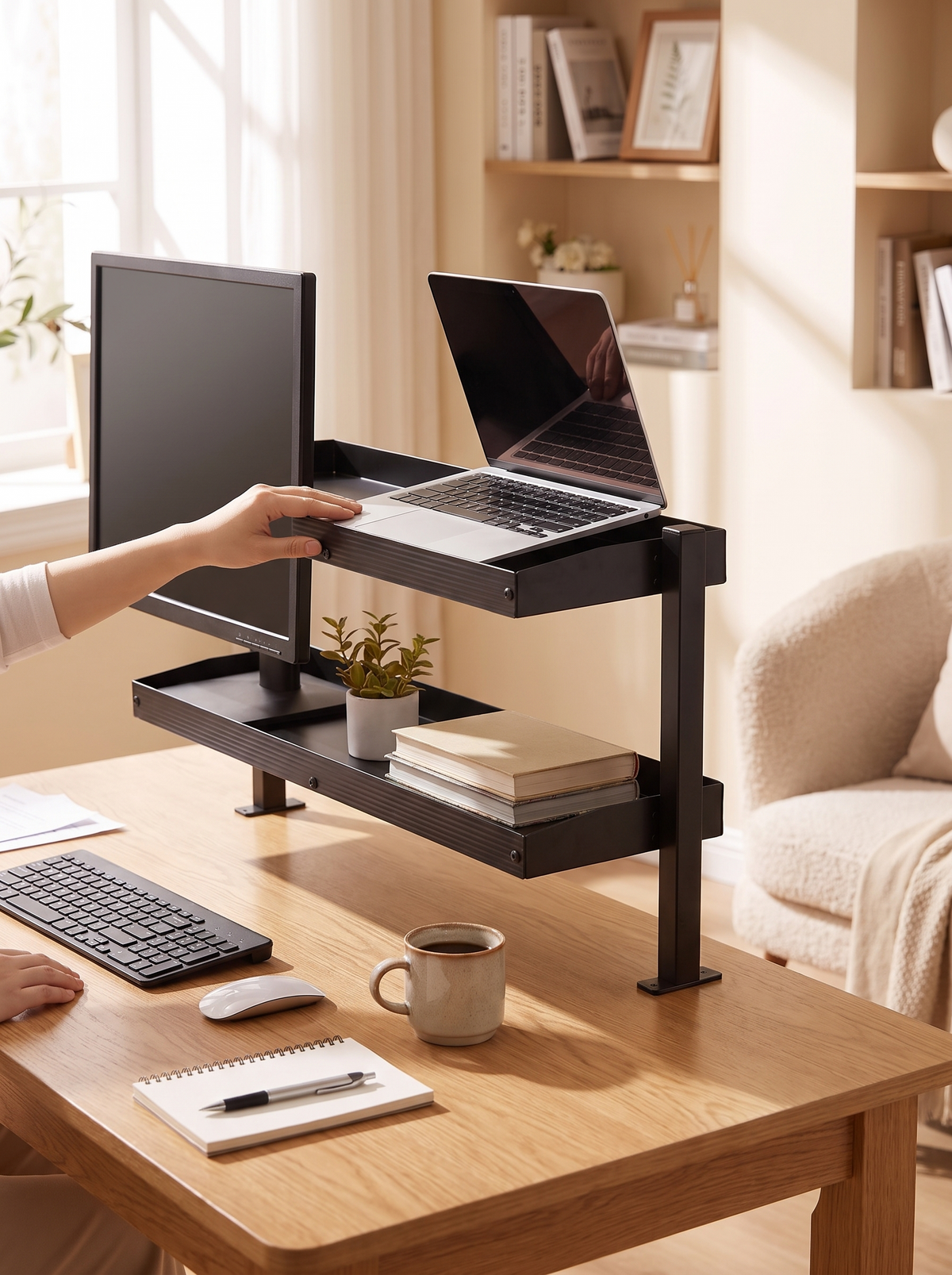 Shelf raising the screen to standing height