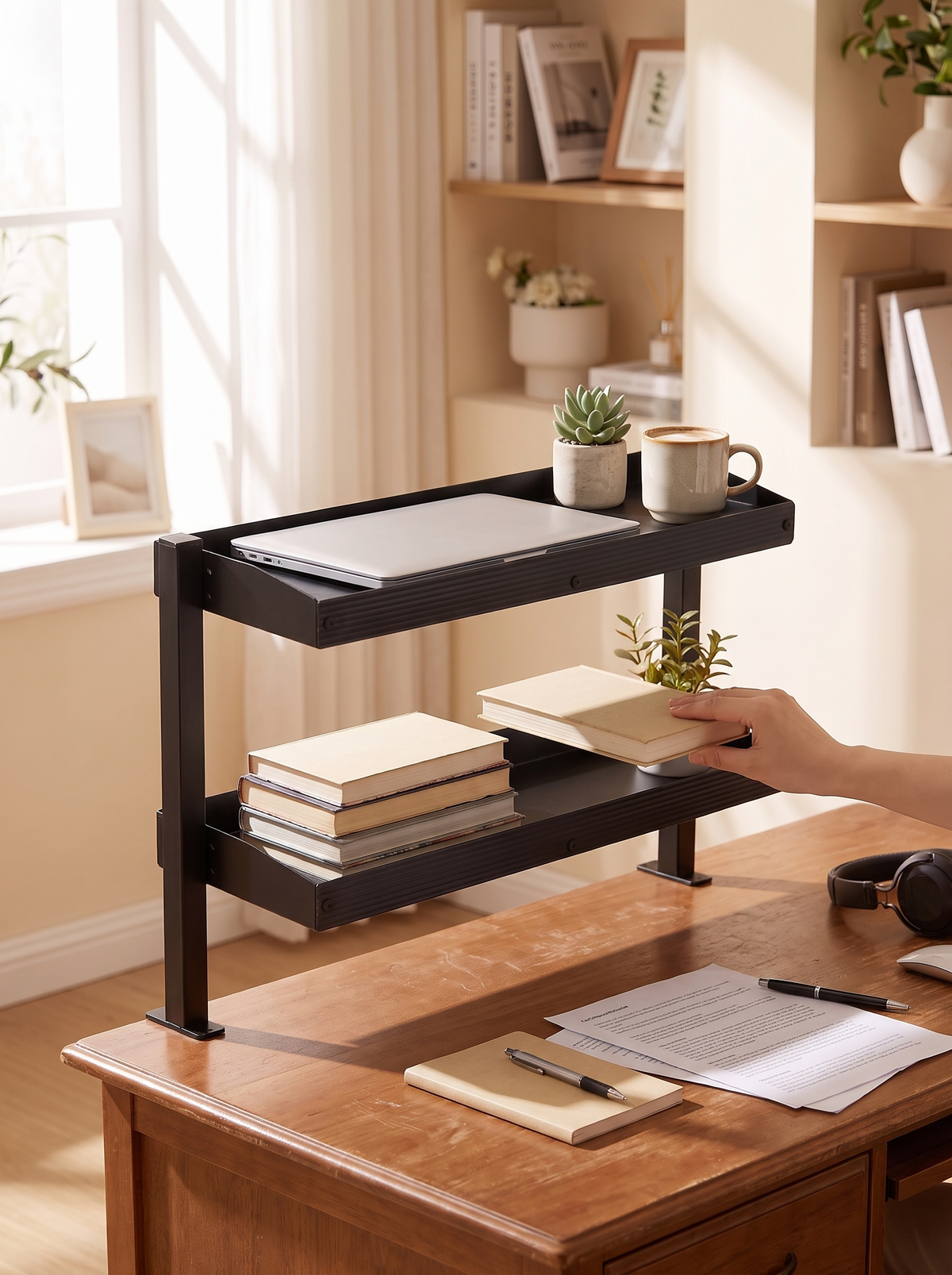 Shelf clamped to an existing desk