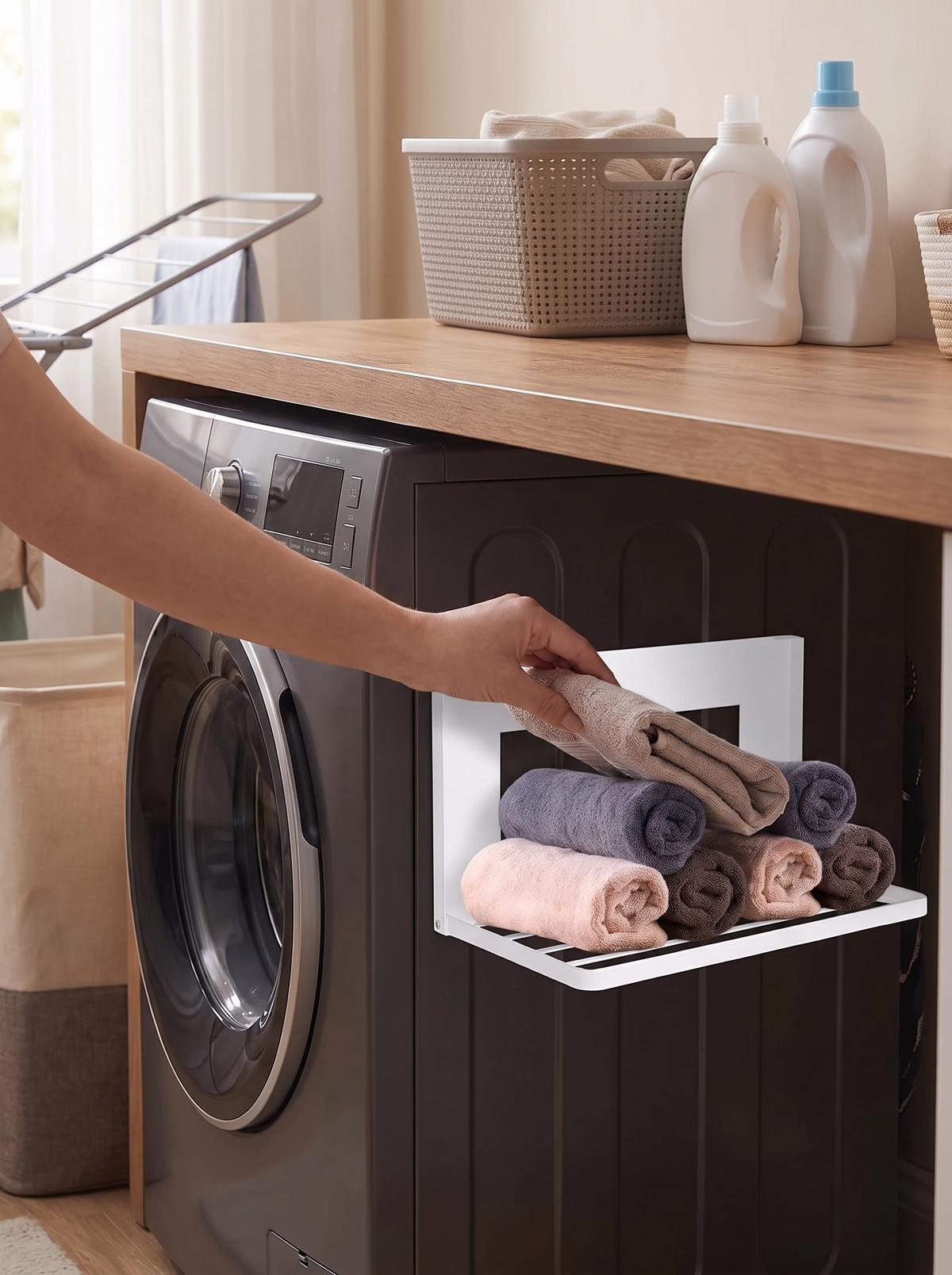 Folding shelf on the front of the washing machine