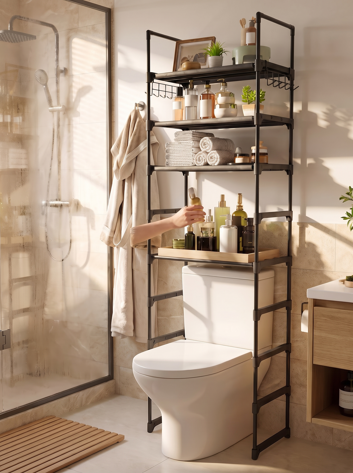 Storage rack using the space above the toilet
