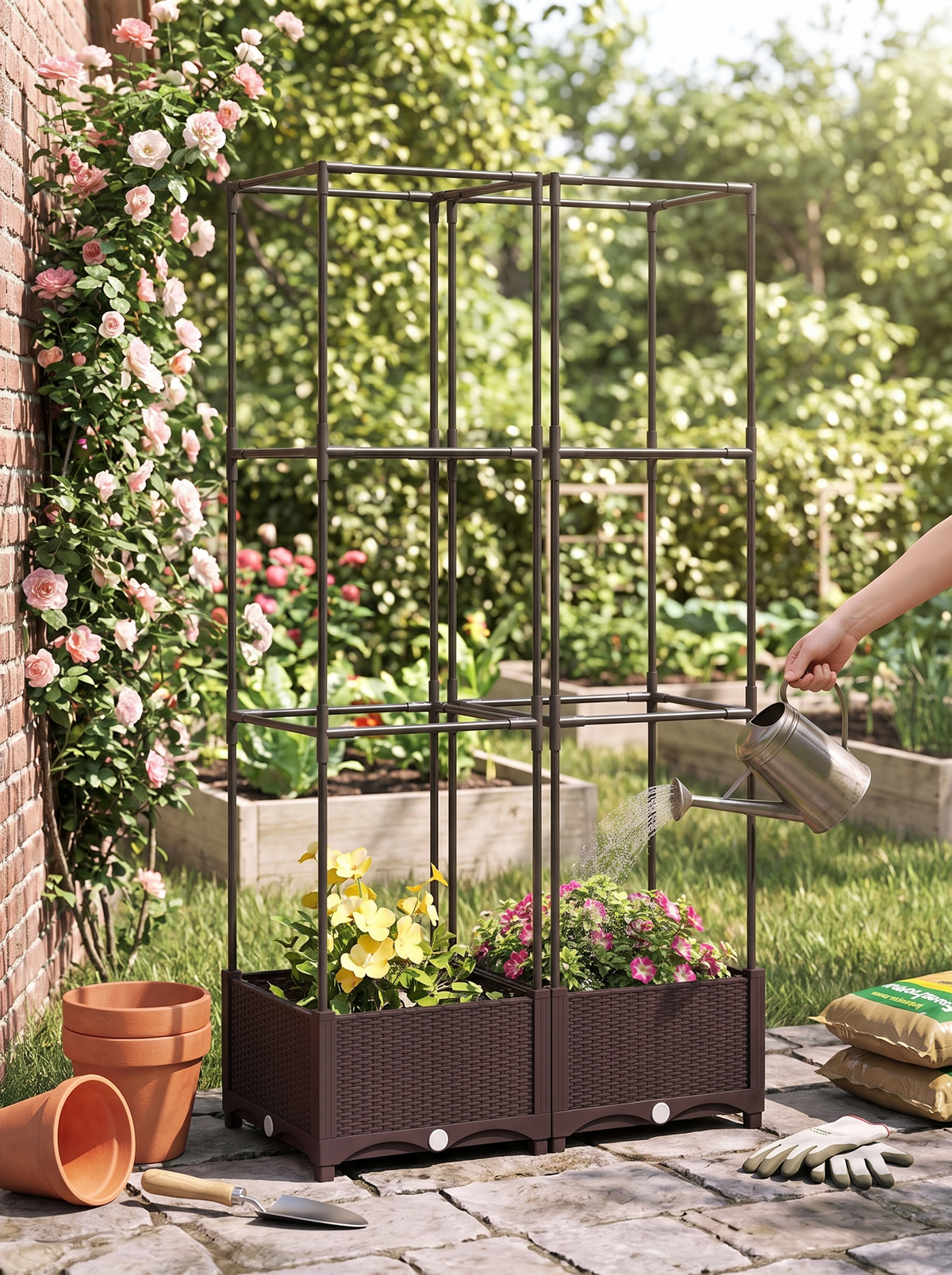 Trellis frame built into the planter