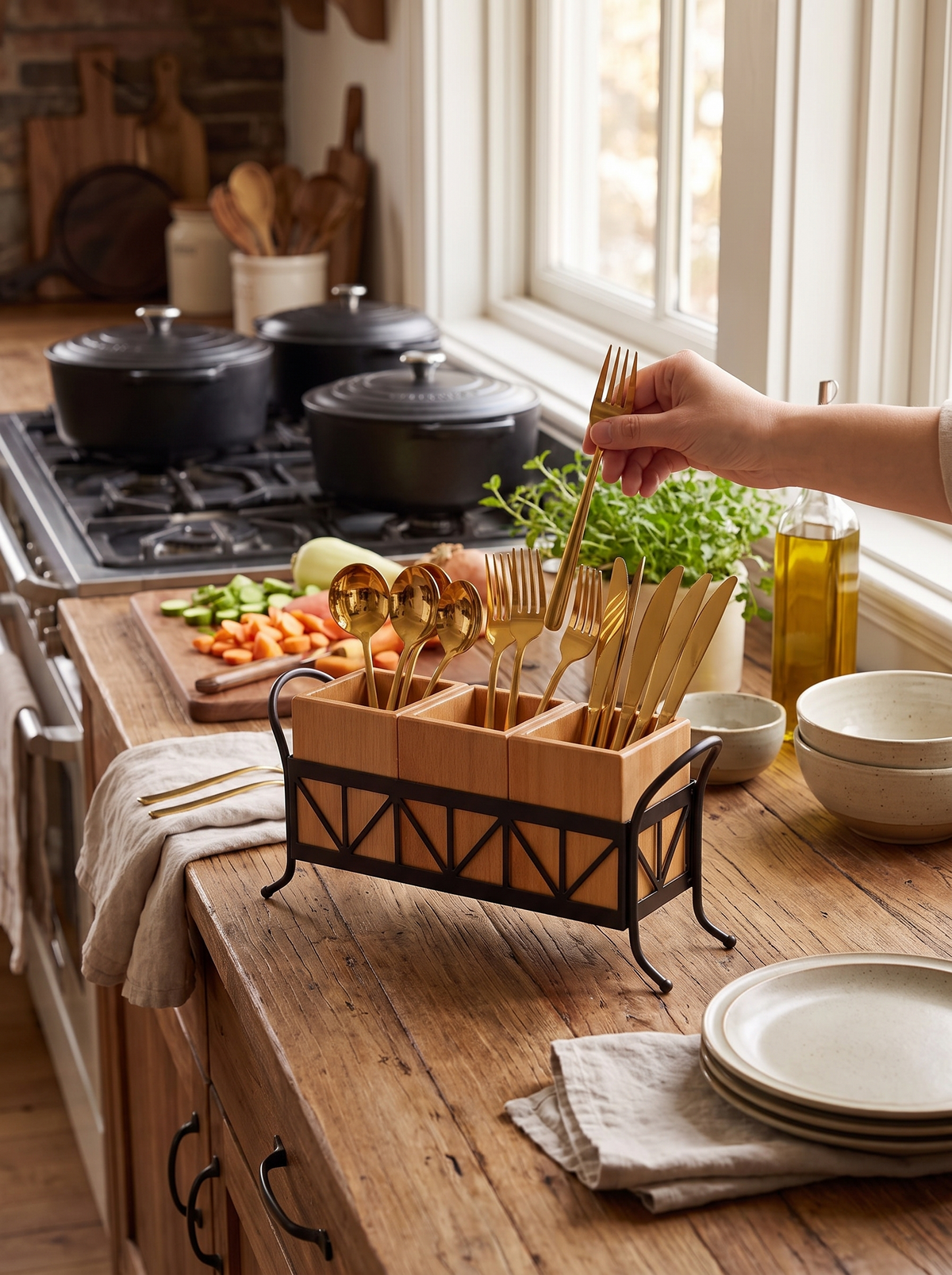 Tools within reach beside the stove