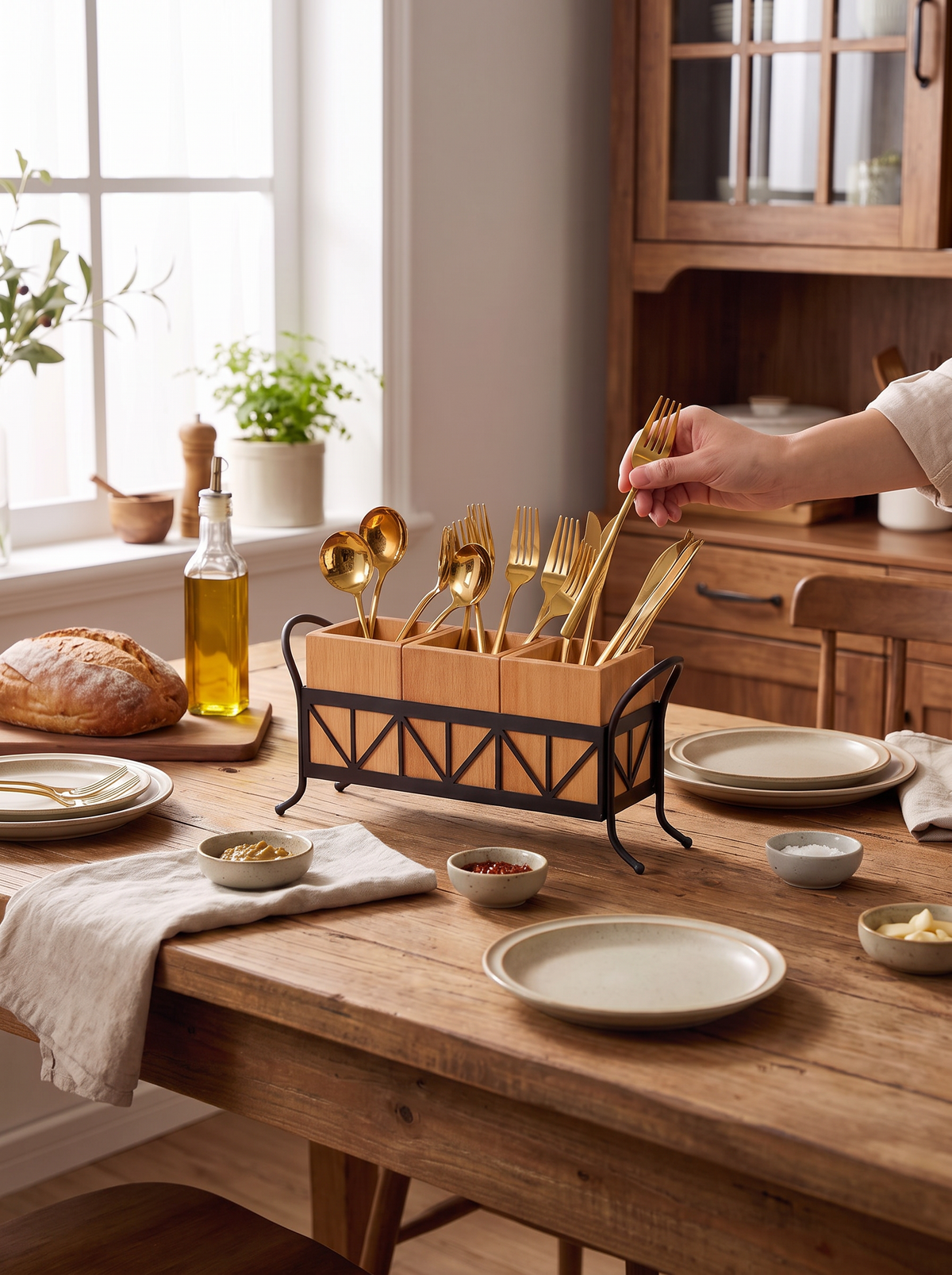 Bamboo caddy on a kitchen counter