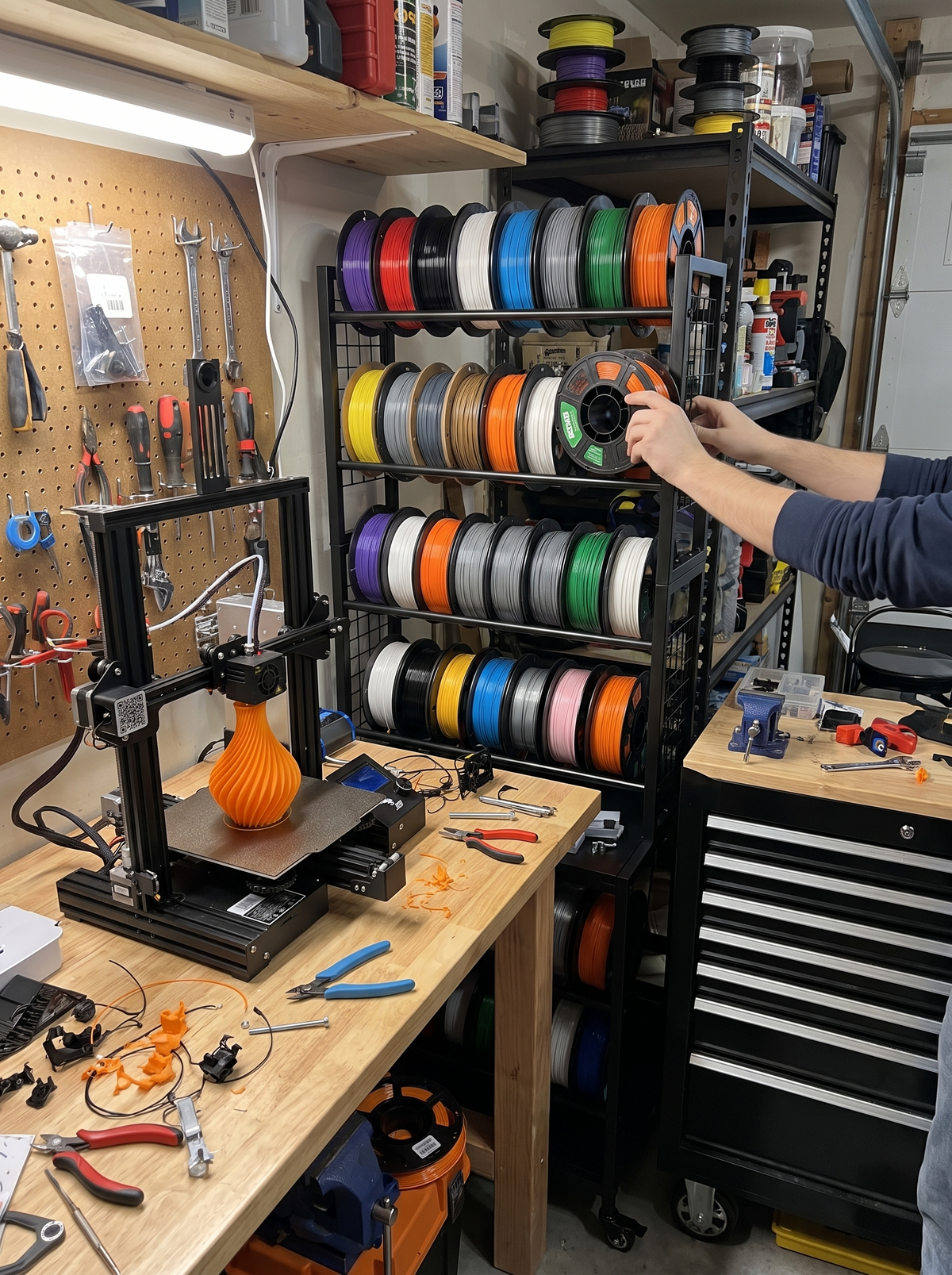 Four tiers standing in a slim workshop gap