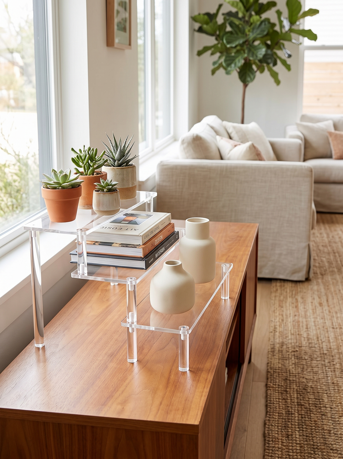 3-Tier Acrylic Display Riser in a living room